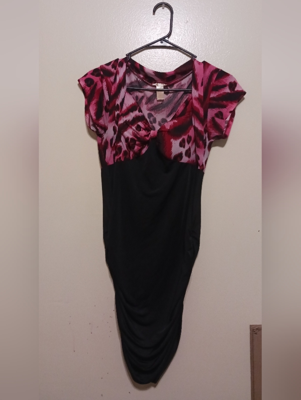 Vixen Womens Pink  Black Leopard Print Bodycon Cinch Side Midi Dress Large A-10